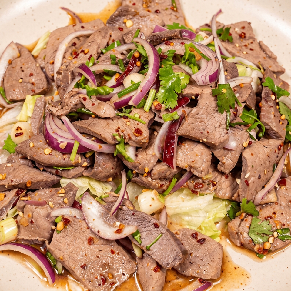 Sliced beef salad topped with red onion, cilantro, chili flakes, and vegetables on a speckled plate.