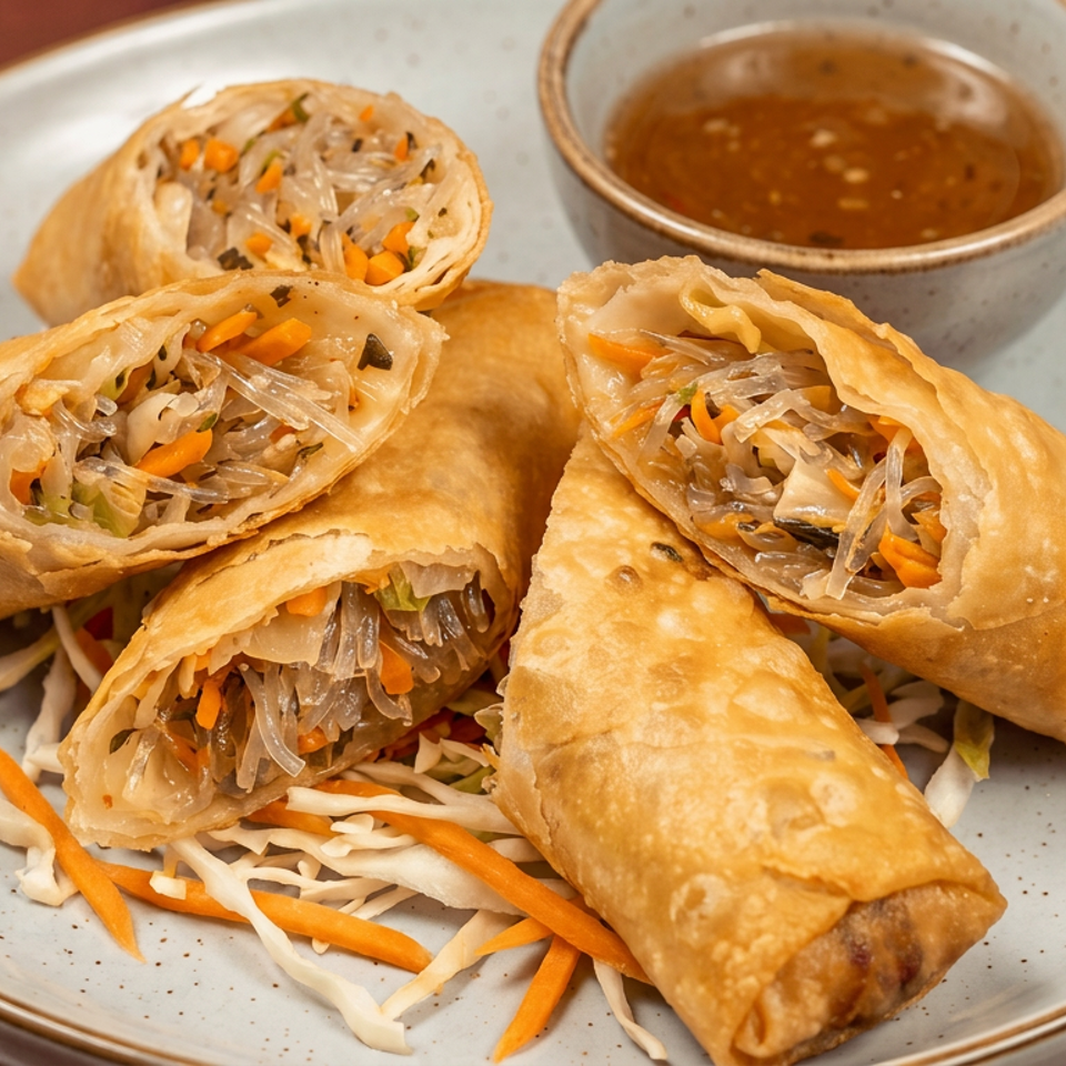 Crispy vegetable spring rolls, some cut open to reveal noodles and carrots, served with dipping sauce on a ceramic plate.