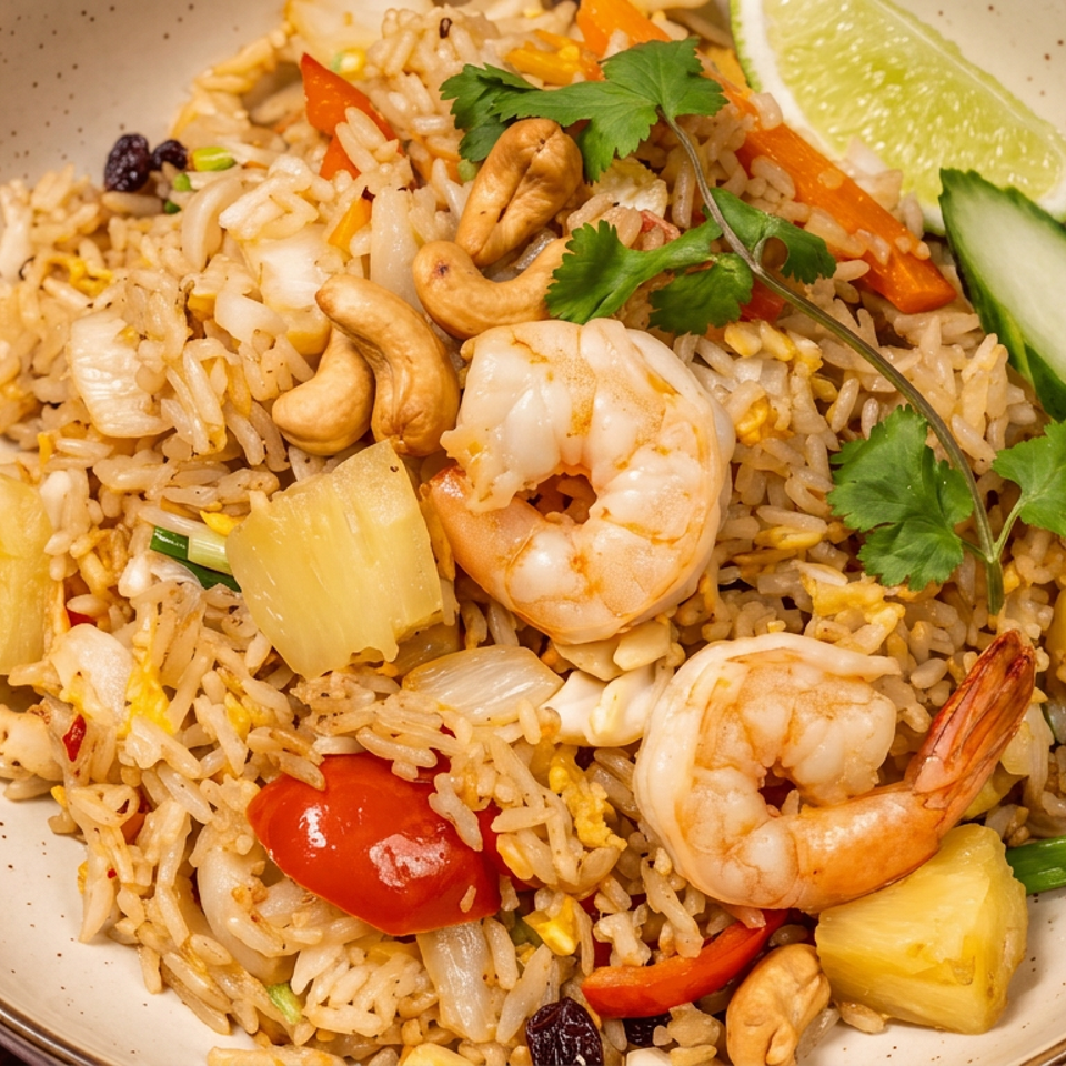 Plate of shrimp fried rice with pineapple, cashews, vegetables, cilantro, cucumber, and lime garnish.