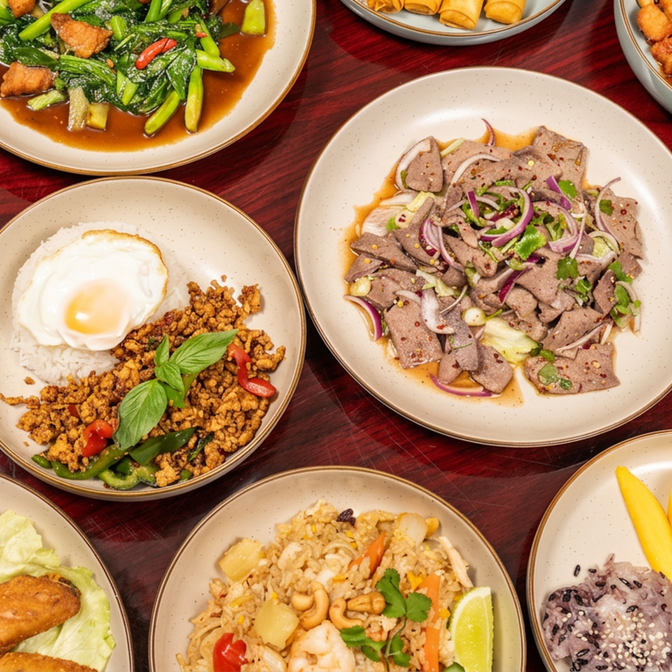 Overhead view of assorted Asian dishes, including stir-fries, fried foods, rice, noodles, clams, and sliced mango on a wooden table.