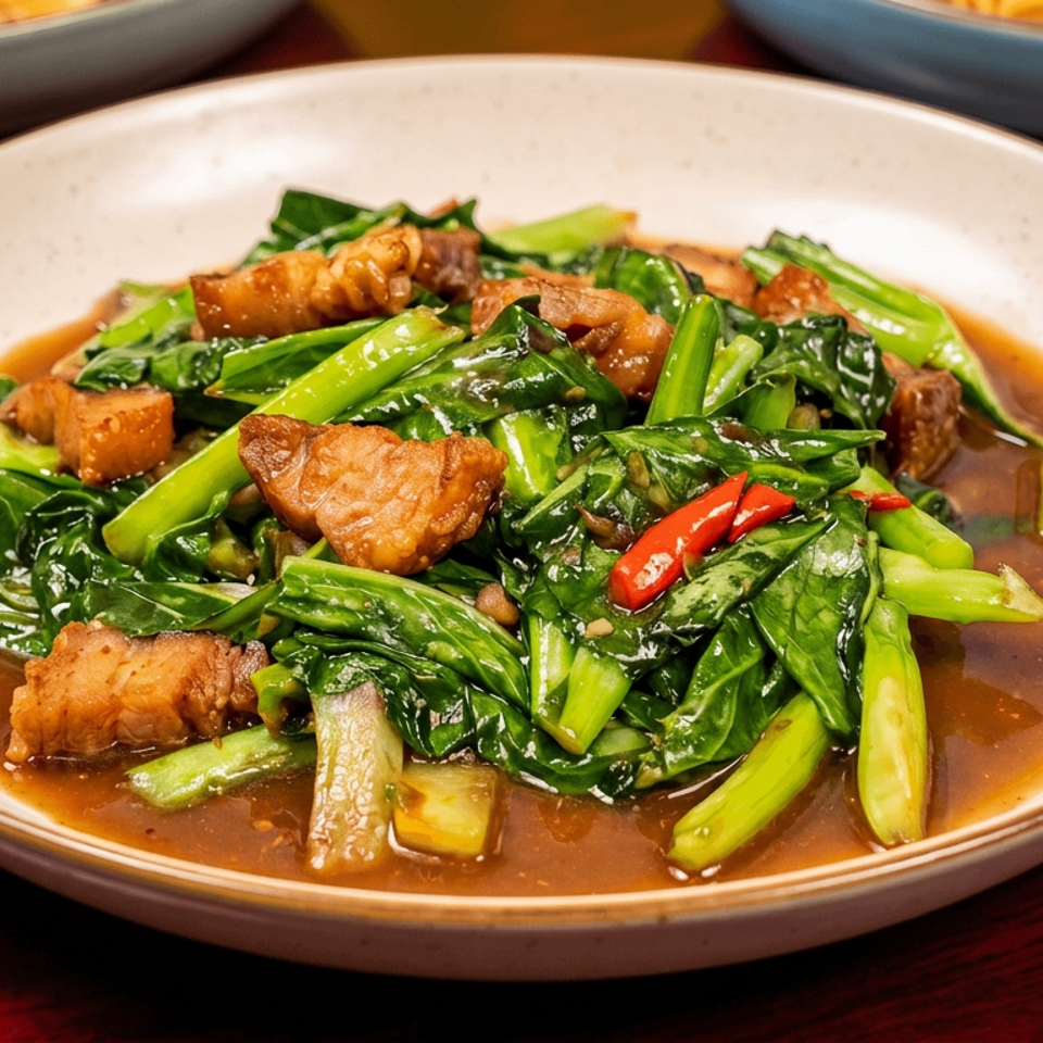 Stir-fried leafy greens and crispy pork in savory brown sauce, garnished with red chilies on a ceramic plate.