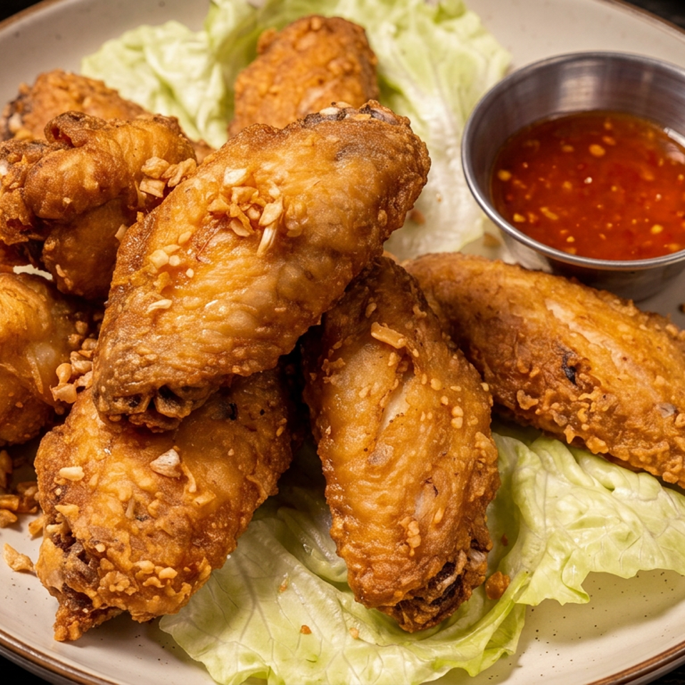 Crispy golden fried chicken wings served on lettuce with garlic pieces and a bowl of sweet chili dipping sauce.